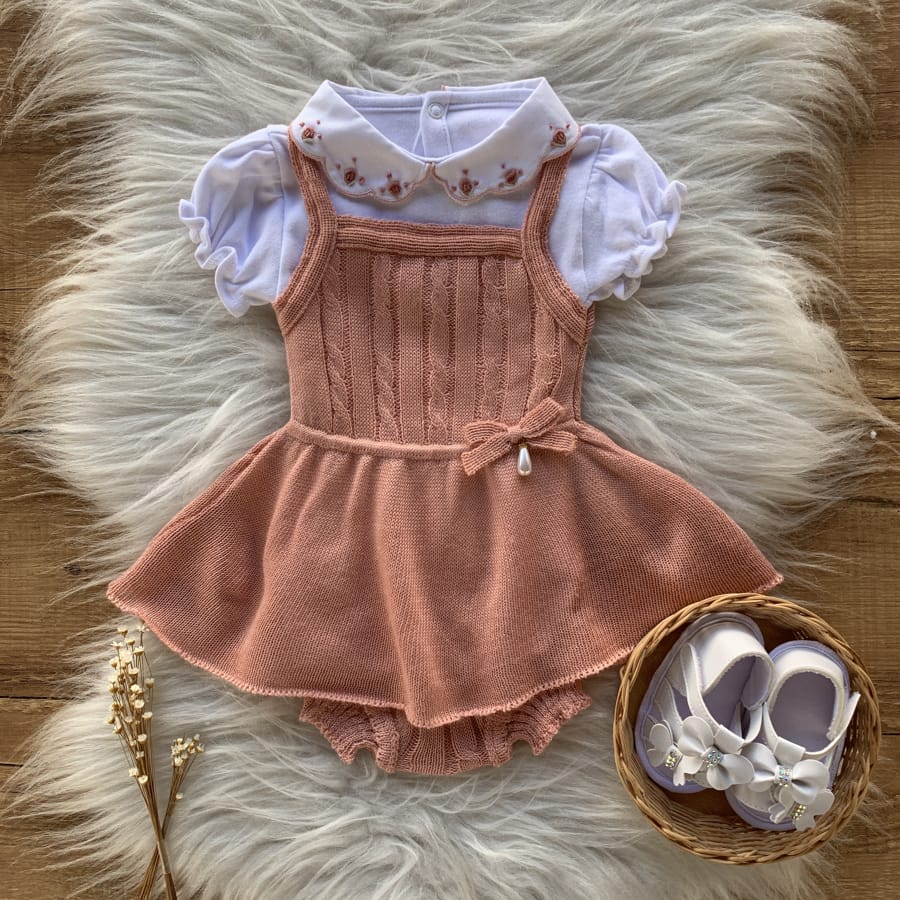 Vestido Bebe Tapa Fralda Lacinho E Trama Rosa Prata Safine Baby