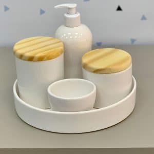 Kit Higiene Bebê Liso com Tampa Pinus Branco e Bandeja Redonda 5 Peças