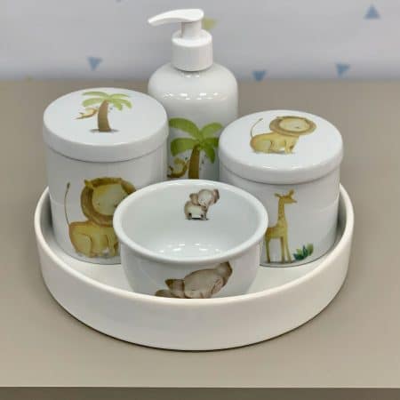 Kit Higiene Bebê Safari Branco e Bandeja Redonda 5 Peças